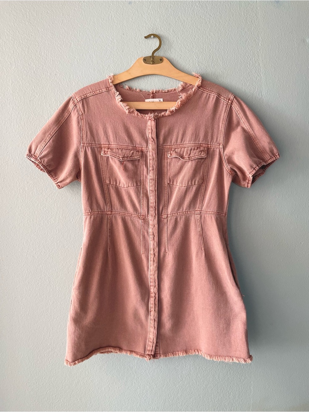 🌱5/$25🌱 Böhme | Pink Blush Denim Raw-Hem Snap-Up Mini Dress